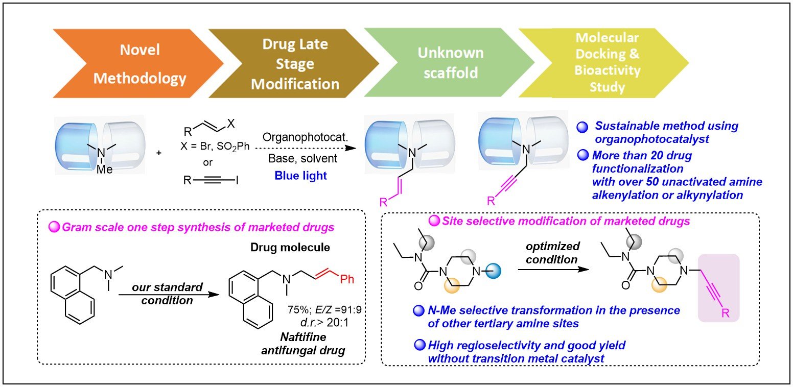 Late-stage N-Me selective alkenylation and alkynylation of drugs and unactivated tertiary amines using photoredox cataly